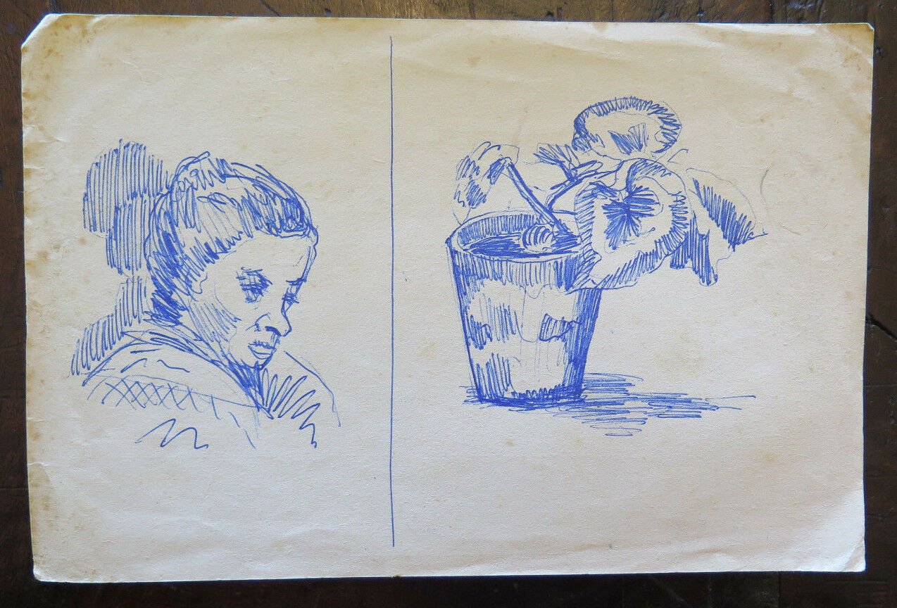Antique Drawing Pen on Basket Studio Sketch D'Author Original Portrait P28.5
