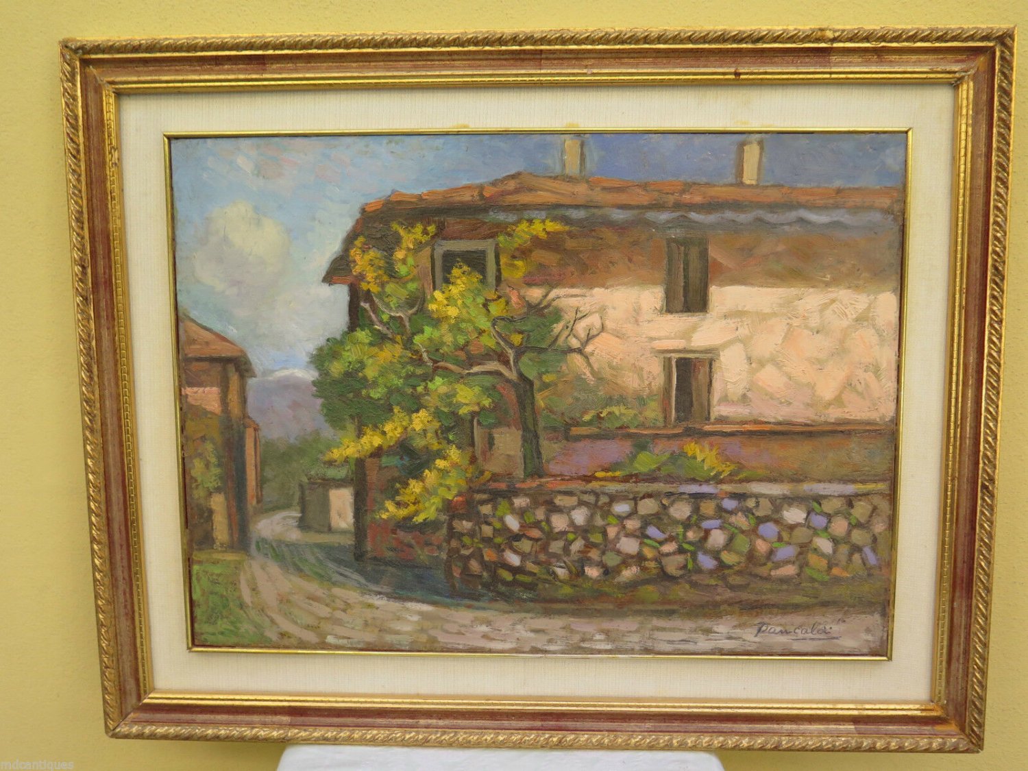 Painting Antique Signed Pancaldi with Frame Landscape Countryside in Summer