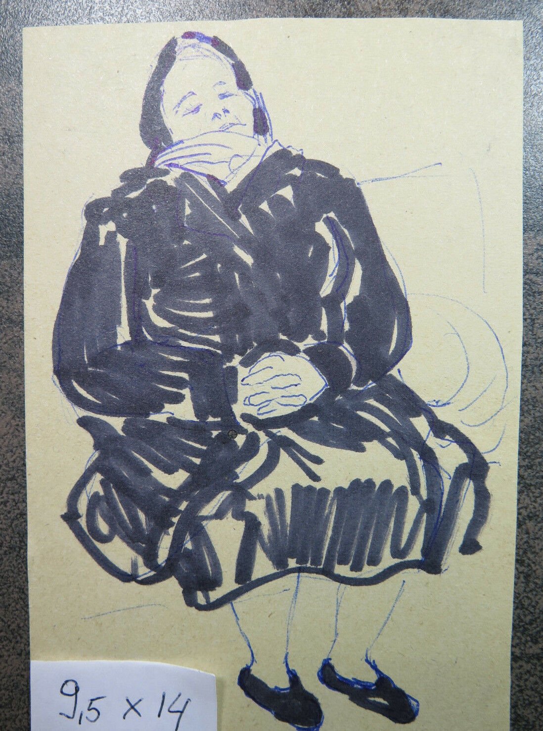 Antique Sketch Drawing on Basket Studio for Portrait Feminine Granny Painter P28