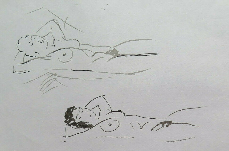 Old Painting Watercolour on Basket Sketch Nude Feminine Vintage P28.9