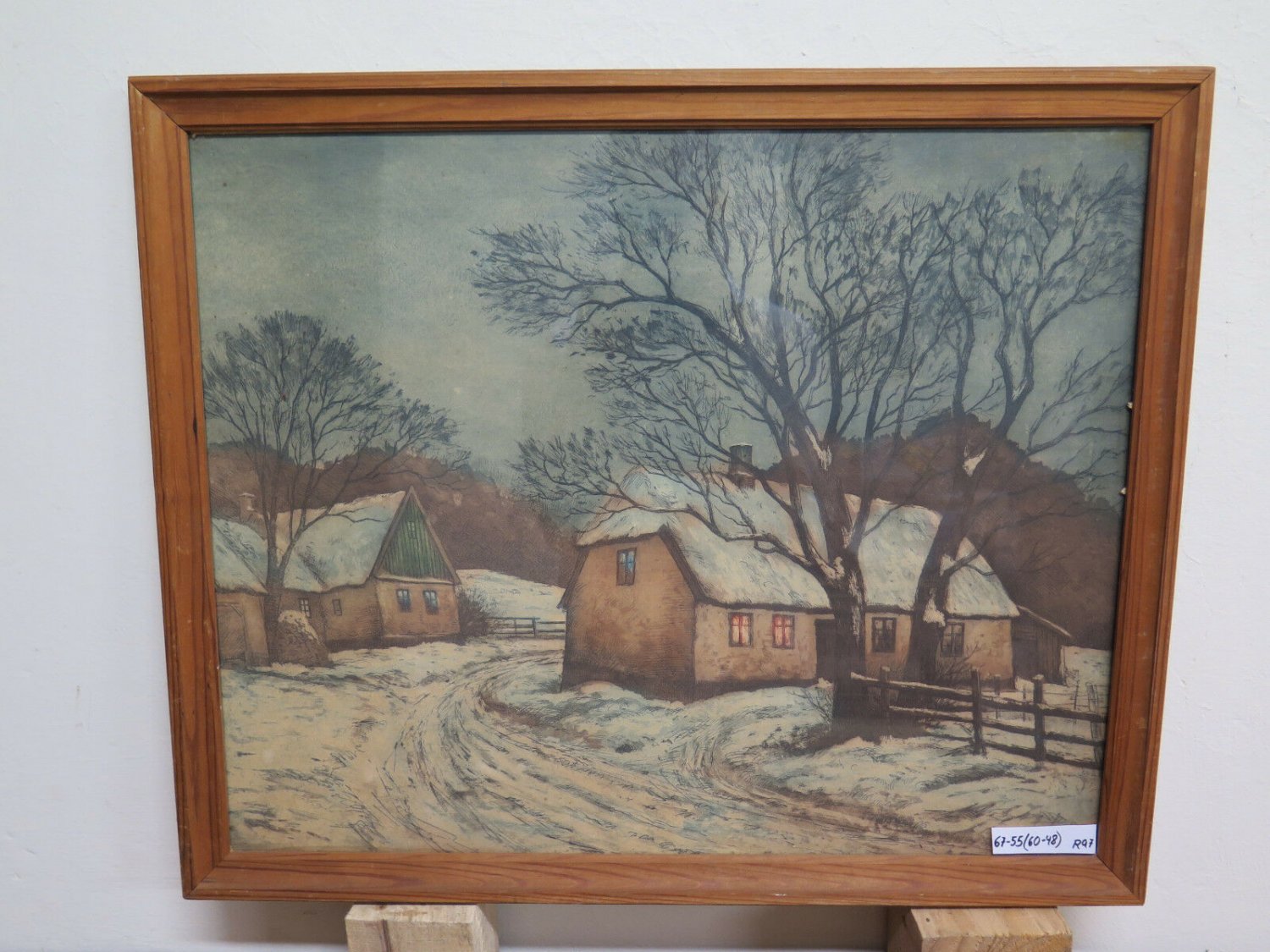 Landscape Scandinavian in Winter Snow Antique Engraving with Frame `S R97