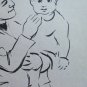 Drawing Sketch on Basket Shapes Mothers Child Portrait Vintage Painter P28.7