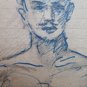 Antique Drawing Portrait Male Nude Pen & Pencil on Basket Years' 40 P28.6