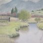 Antique Watercolour on Basket Landscape Mountain in Spring Signed Original G3