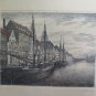 Antique Incision Engraving View City Denmark with Channel & Boats Vintage R116