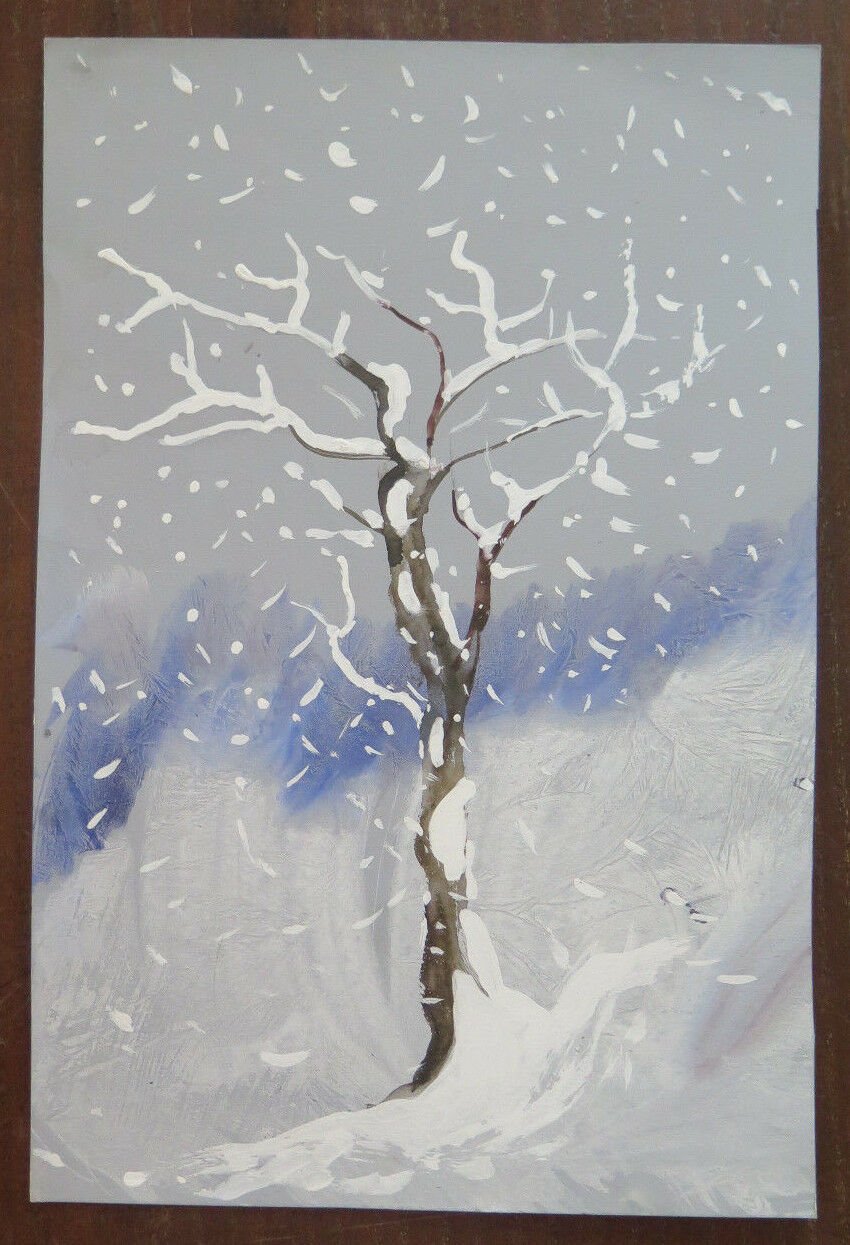 Old Painting to Watercolour on Basket D'Author Landscape Snowy Trees a P31