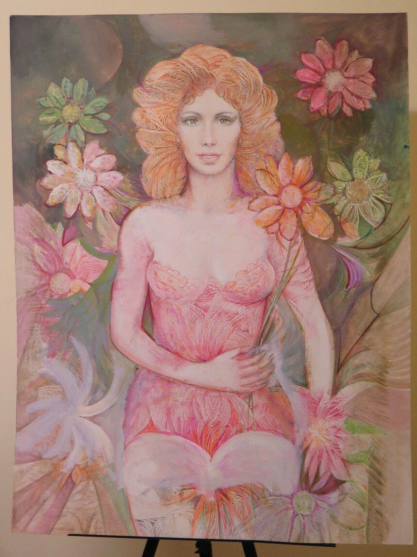 Painting Vintage Technical Mixed Portrait Feminine with Blossom Floral P33.2