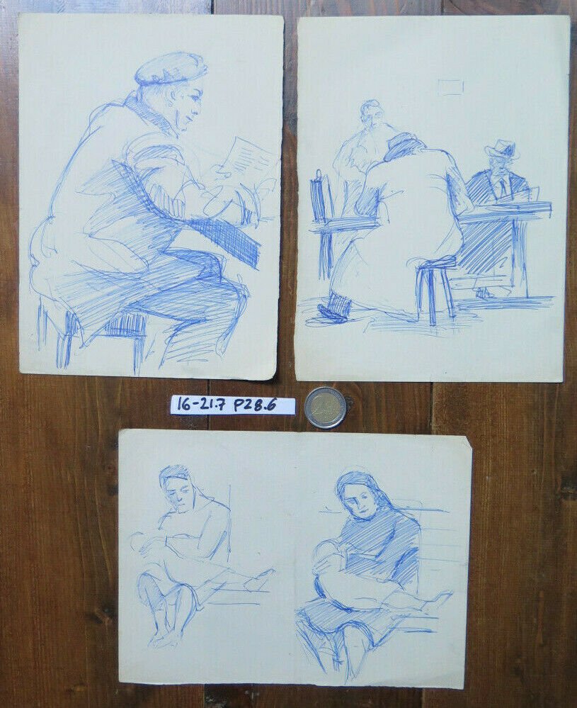Three Sketching Antique Pen on Basket Years' 40 Portrait Shapes Sketch P28.6