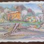 Painting Vintage Signed Watercolour on Basket Landscape Countryside Modena P31