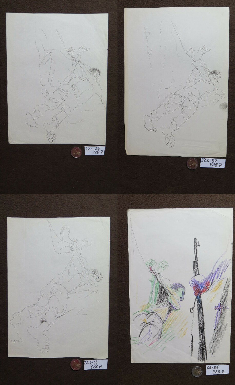 4 Sketching Drawings Original Theme War Prisoner Torturato by Soldiers P28.7