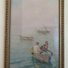 13 3/8x25 3/16in Lithography Vintage Boat & Fisherman Navy with Frame - Wood R93