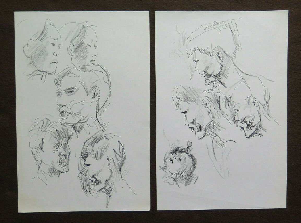 Two Old Sketchbook Pencil On Basket Portraits Man Woman Vintage Yrs 60 70 P28.8