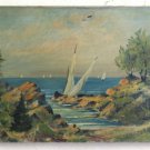 Painting oil Linen landscape Sea Riviera French Provence With Boats Sailing BM38