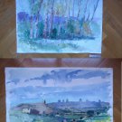 Old Pair Of Painted Watercolour landscape Spain Avila Castile MD6