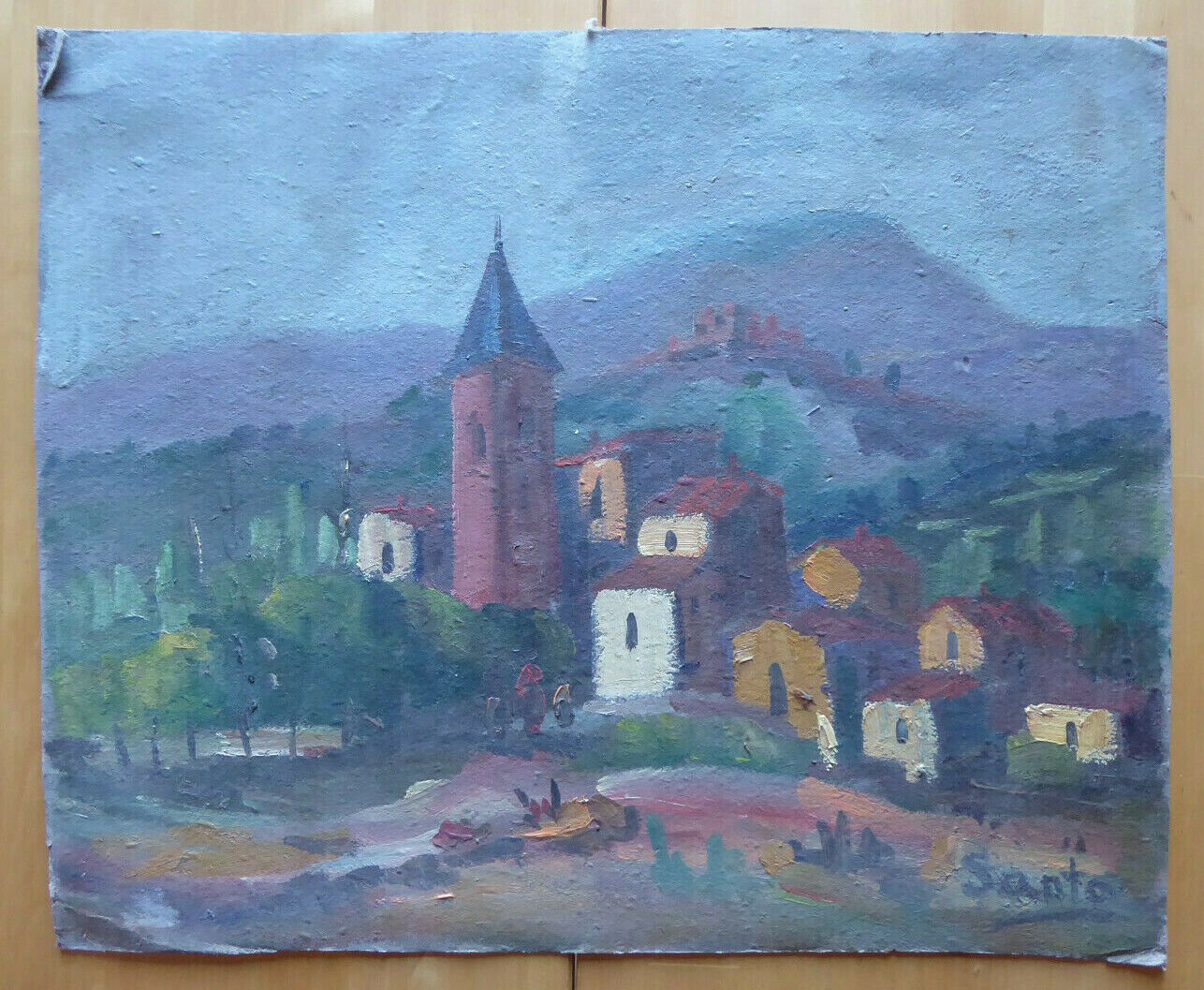 Old Painting Spanish Signed Santo landscape View Village Period '900 MD4