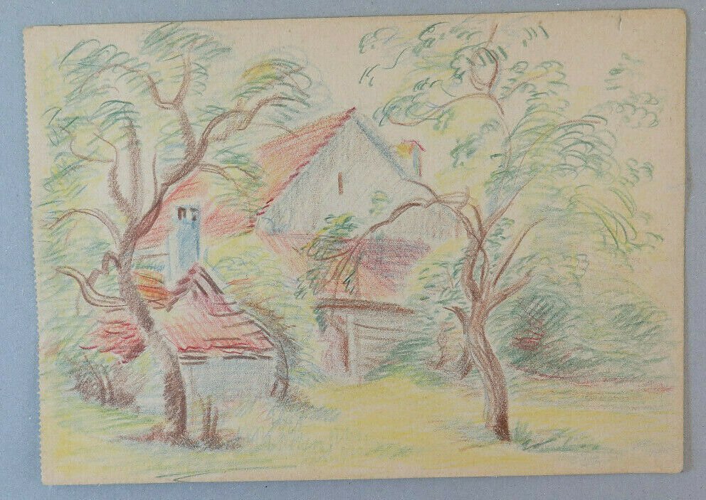 Old Drawing Signed Bischoff Years 60 View Countryside Pencil Basket BM53.2