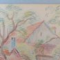 Old Drawing Signed Bischoff Years 60 View Countryside Pencil Basket BM53.2