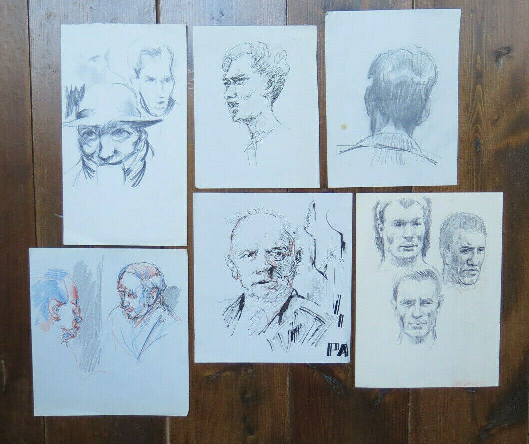 Six drawings Antique With Studio For Faces Human Pencil Pen Paper Years 50 P28.6