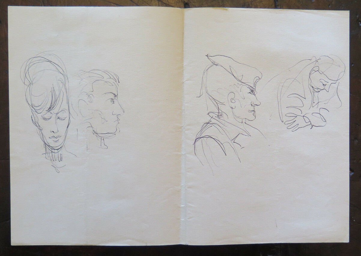 Antique Drawing A Pen On Basket Studio For Faces Human Opera Original P28.5