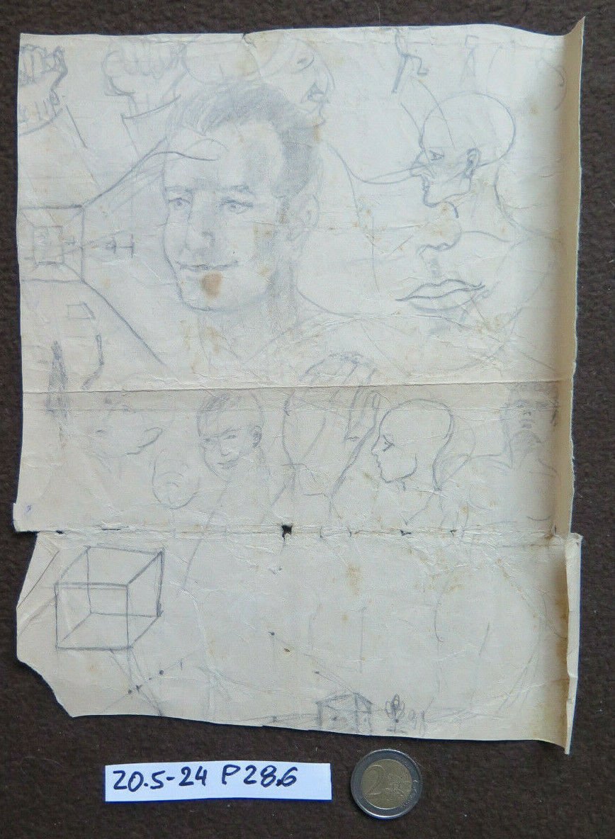 Drawing Antique Studio Face Human Pencil On Basket Years 40 Sketch P28.6