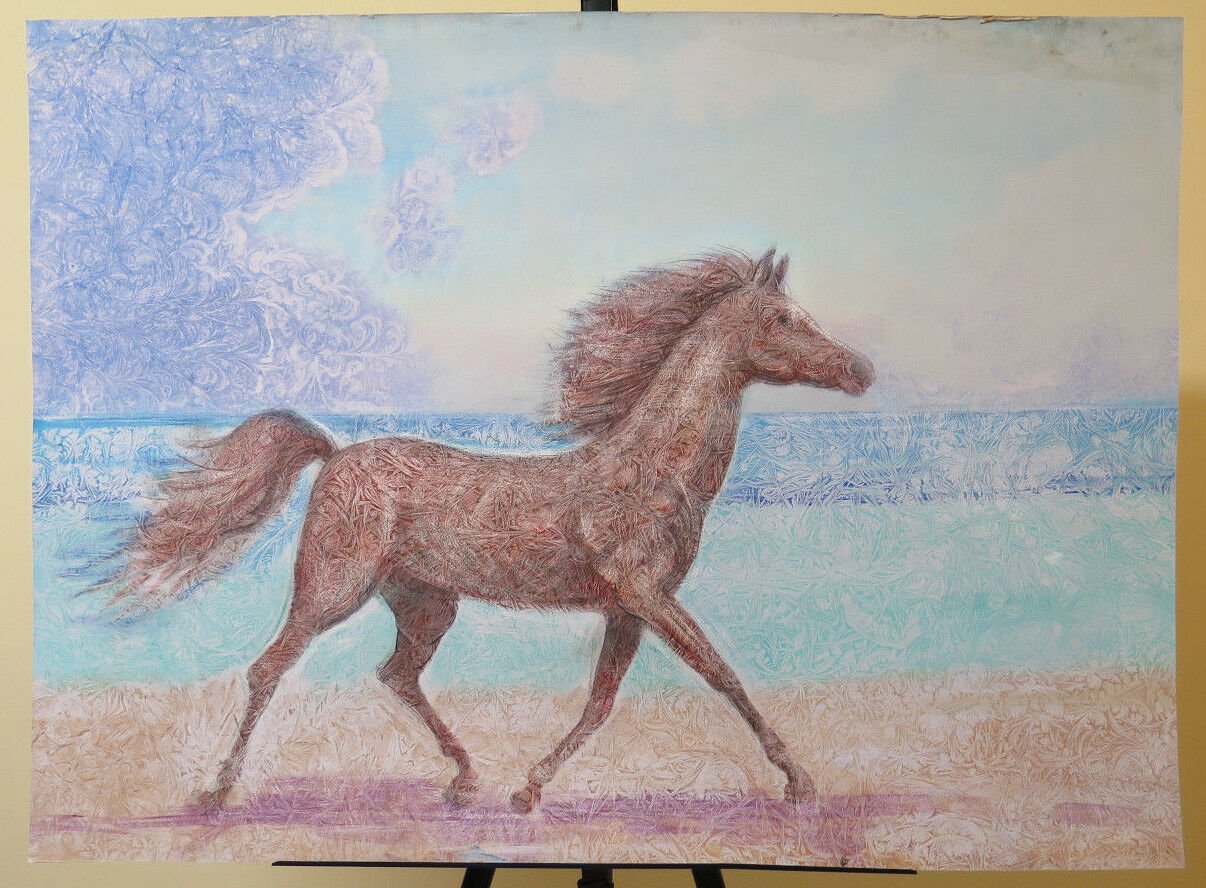 Painting Modern A Technical Mixed oil Watercolour With Horse To Galloping P33.1