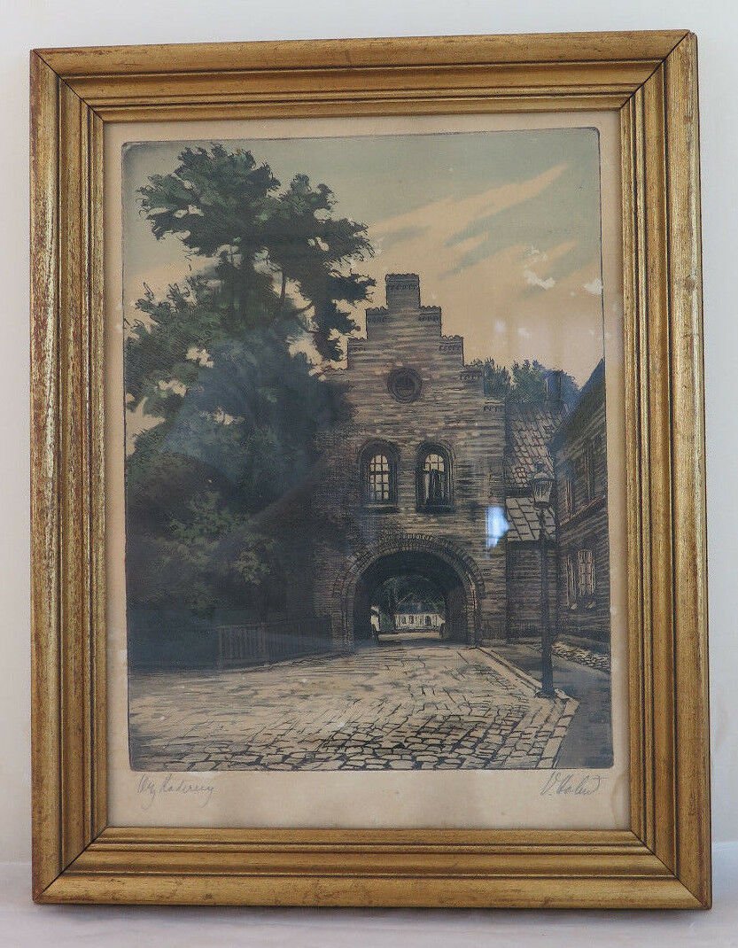 Engraving Antique Watercolour Signed View City Denmark with Frame R108