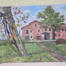 Painting Antique oil landscape Countryside Trees And Farmhouses On Board