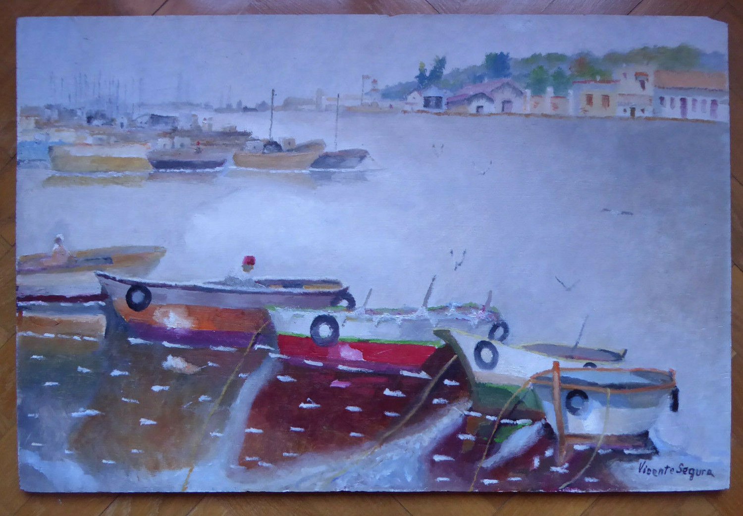 Boats Of Fisherman IN La Cale Sea Old Painting oil Signed MD6