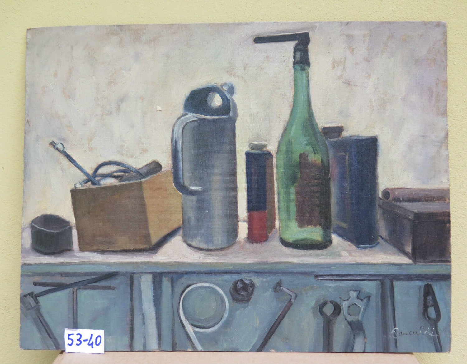 Painting Modern oil Inside Workshop With Tools Of Craft Antique Signed