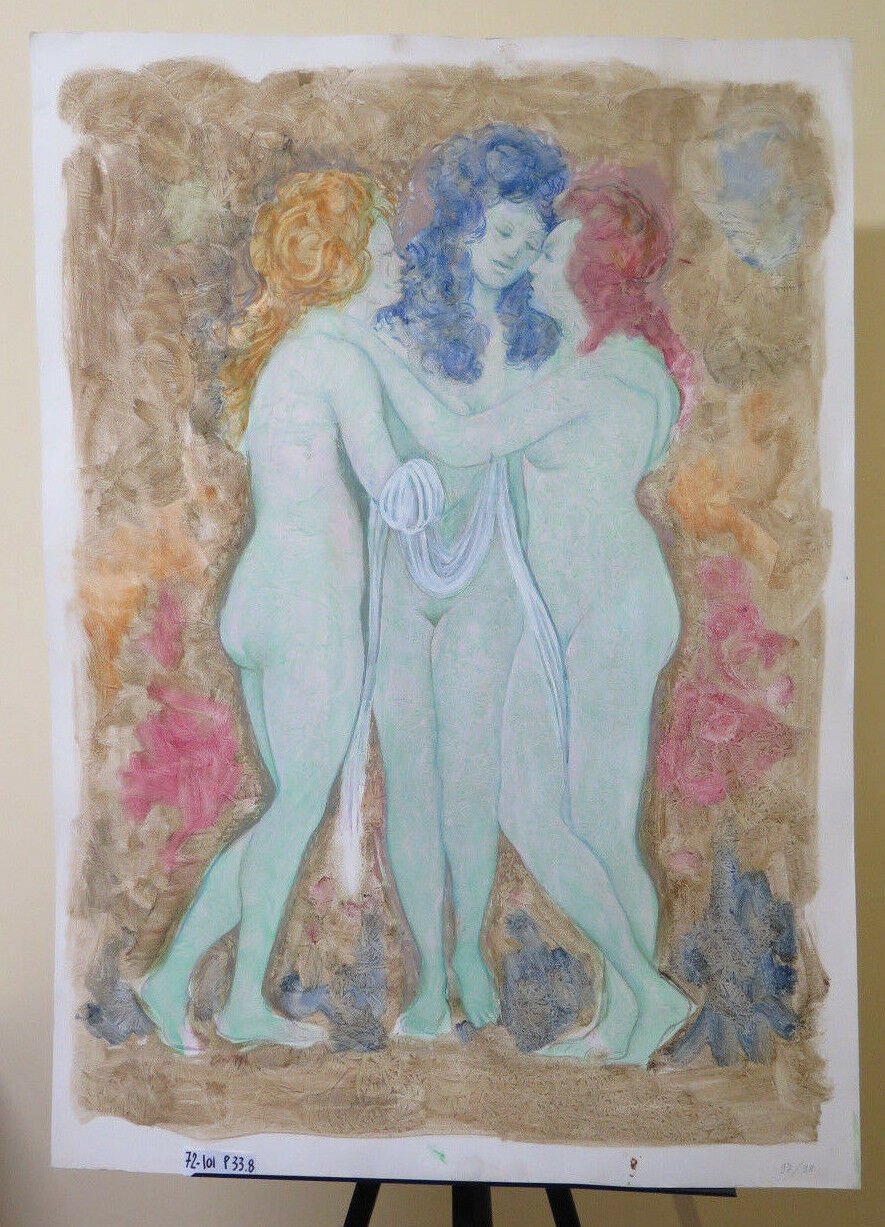 Painting Vintage Technical Mixed Experimental Nude Female The Three Graces P33.8