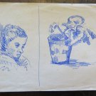 Antique Drawing Pen On Basket Studio Sketch D'Author Original Portrait P28.5