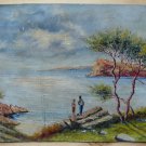 Landscape Lake Painting oil On Linen Painting Small Size Signed MD1