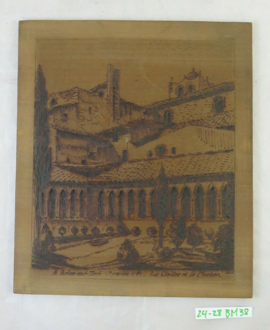 Old Pyrography On Wood Painting Abbey Arles-Sur-Tech France Pyrenees BM38