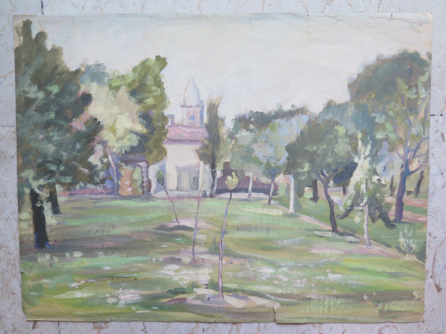 Old Painting Painter Local View Of Country Of Piumazzo Modena 18 1/2x14 3/16in