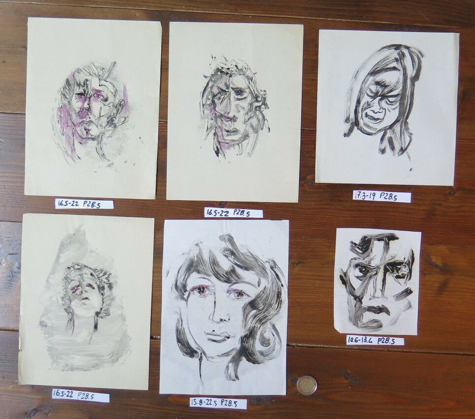 Five Antique Sketching D'Author Studies For Portrait Face Human Waterlily P28.5
