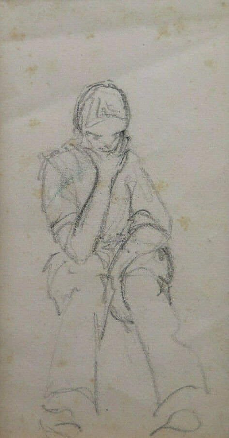 Drawing Antique By Anonimo Beginning Century Man Sitting Che Think Pencil BM53.2