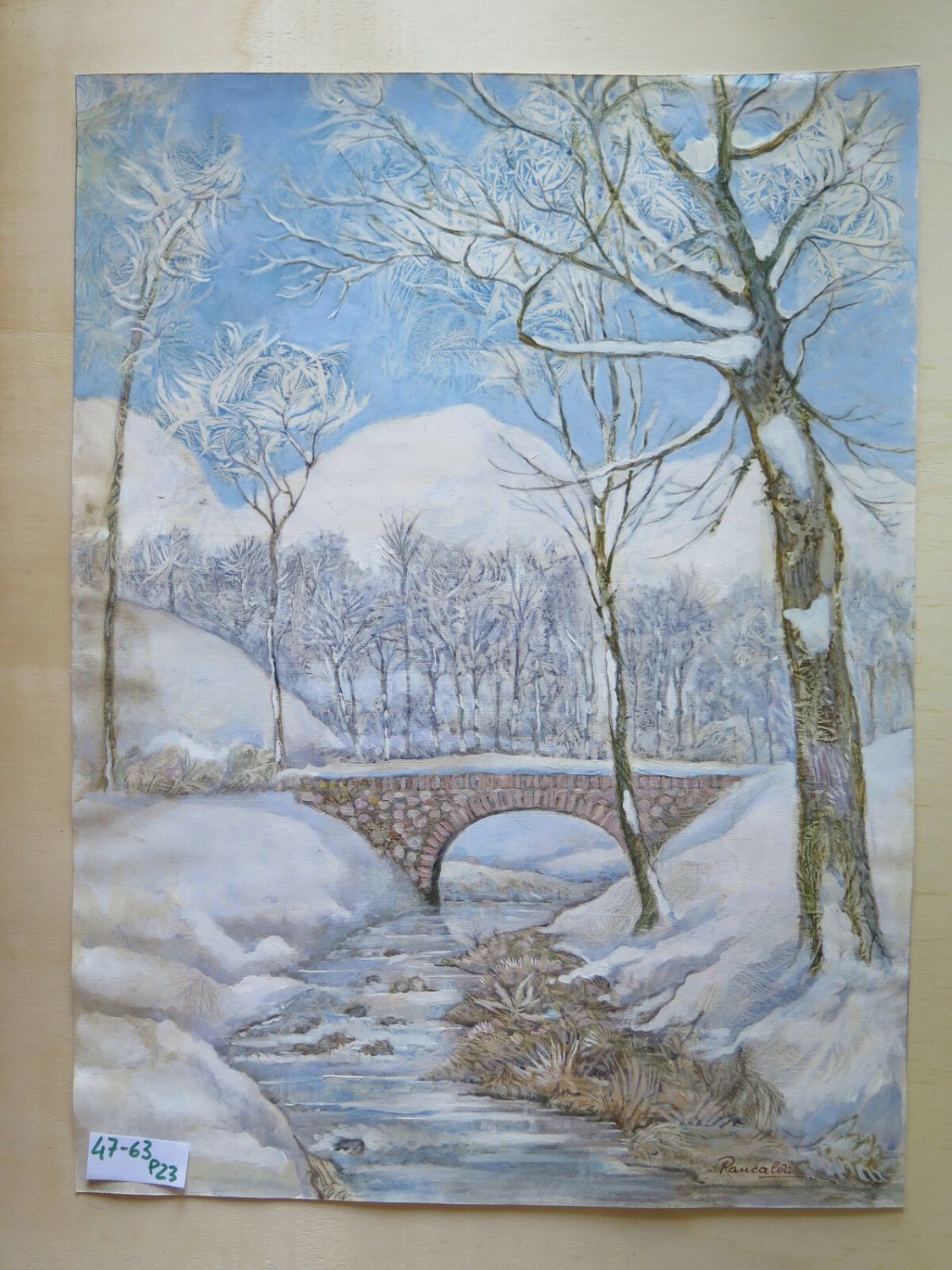 Painting Vintage oil And Watercolour landscape Winter Signed Pancaldi P23