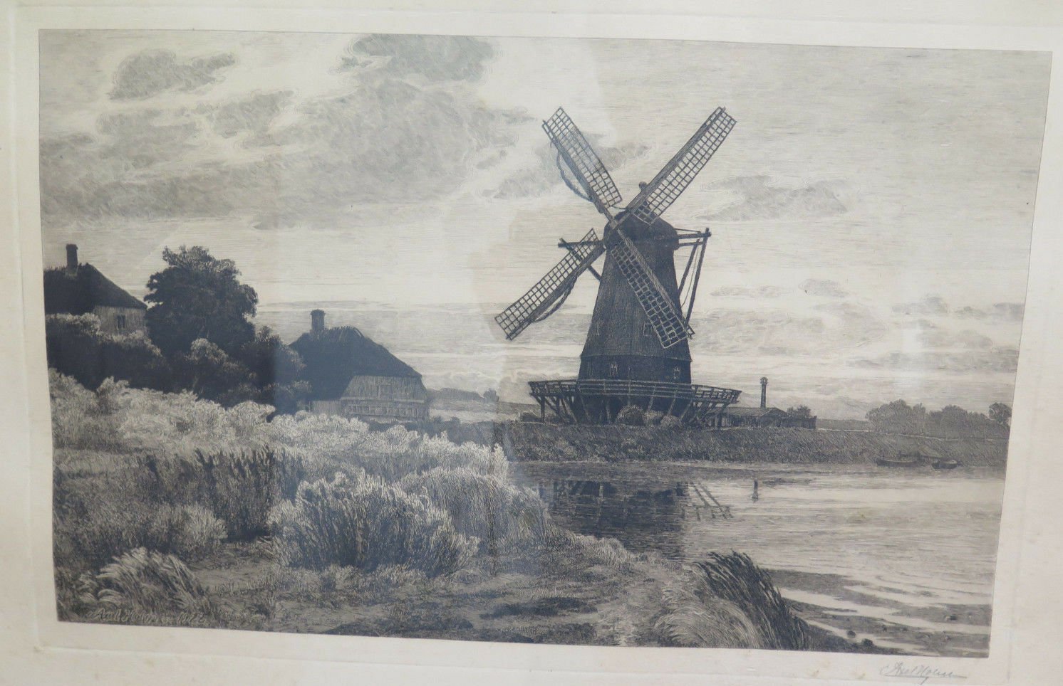 Engraving Antique landscape Denmark Windmill Signed Axel Holm Vintage Print R103