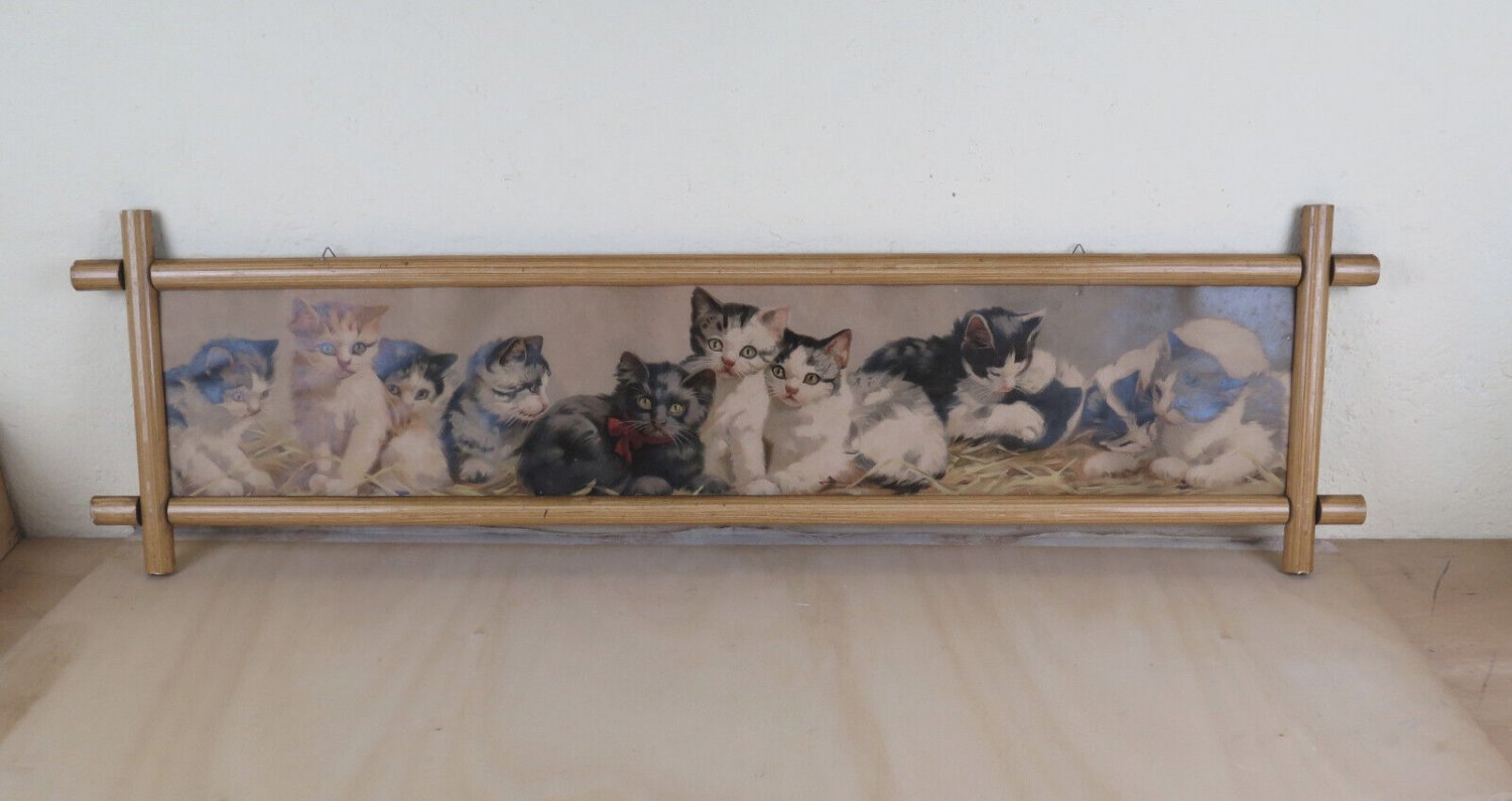 Old engraving Years' 60 With Kittens IN Frame Cats Cat Animal Vintage x1