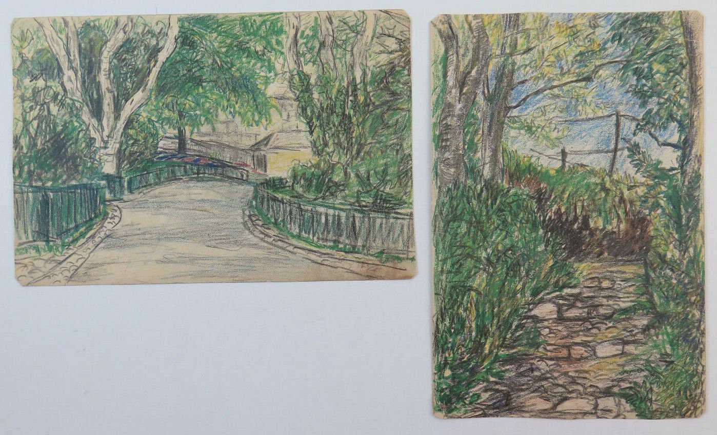 Two Antique drawings Beginning Century Views Gardens France Vence Provence