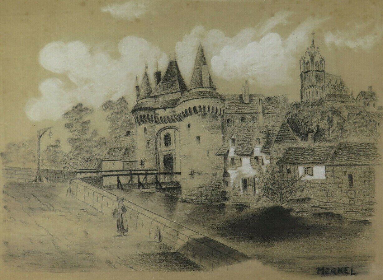 Drawing Antique Charcoal View Castle France Signed Merkel Painting BM53.6B