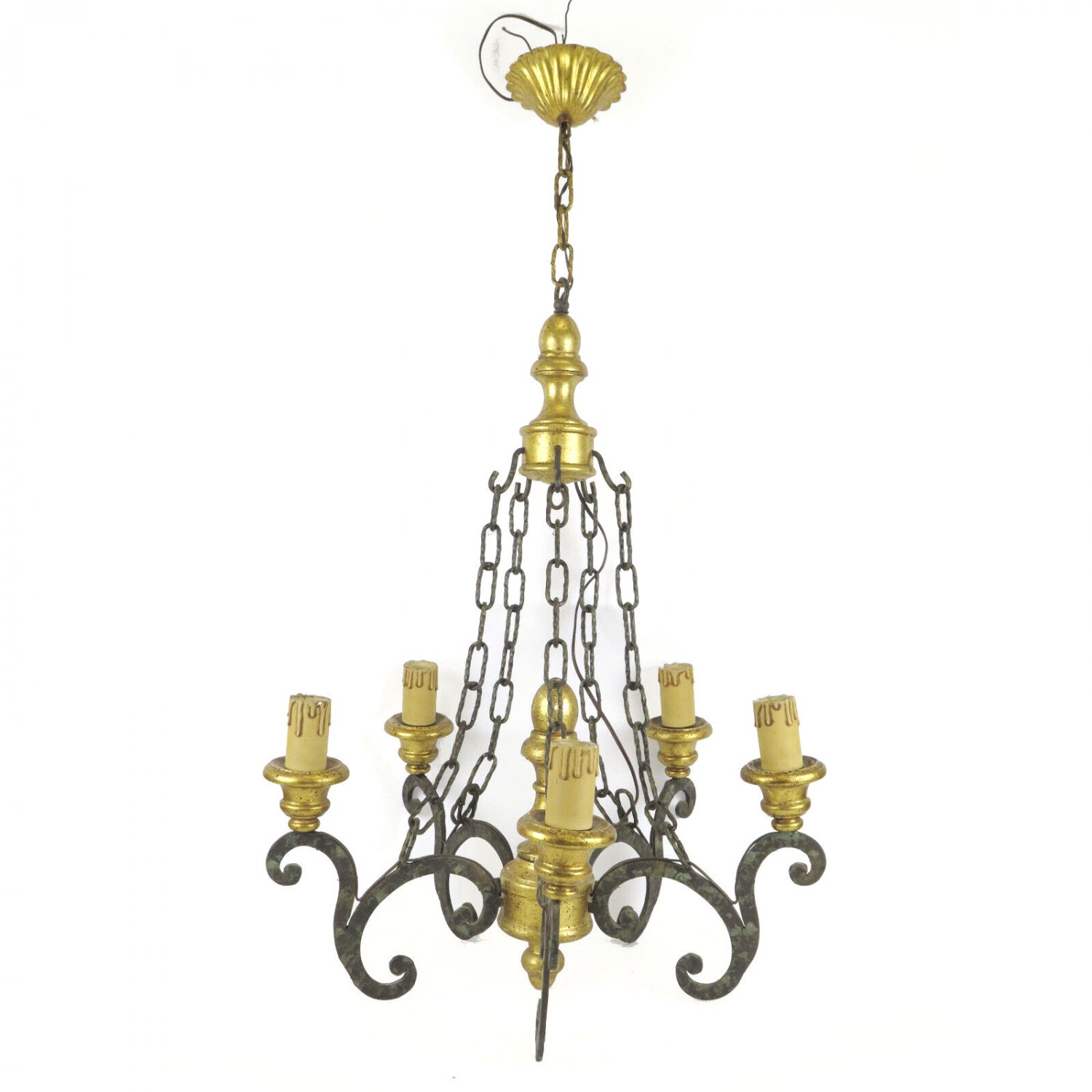 Chandelier Antique Wood Golden & Wrought Iron 5 Flames Vs