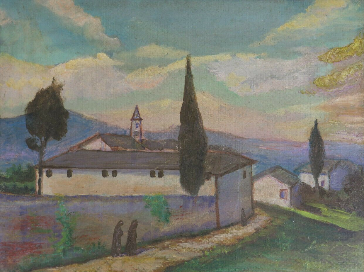 Old Painting Small Size View Small Church Countryside Painting X4