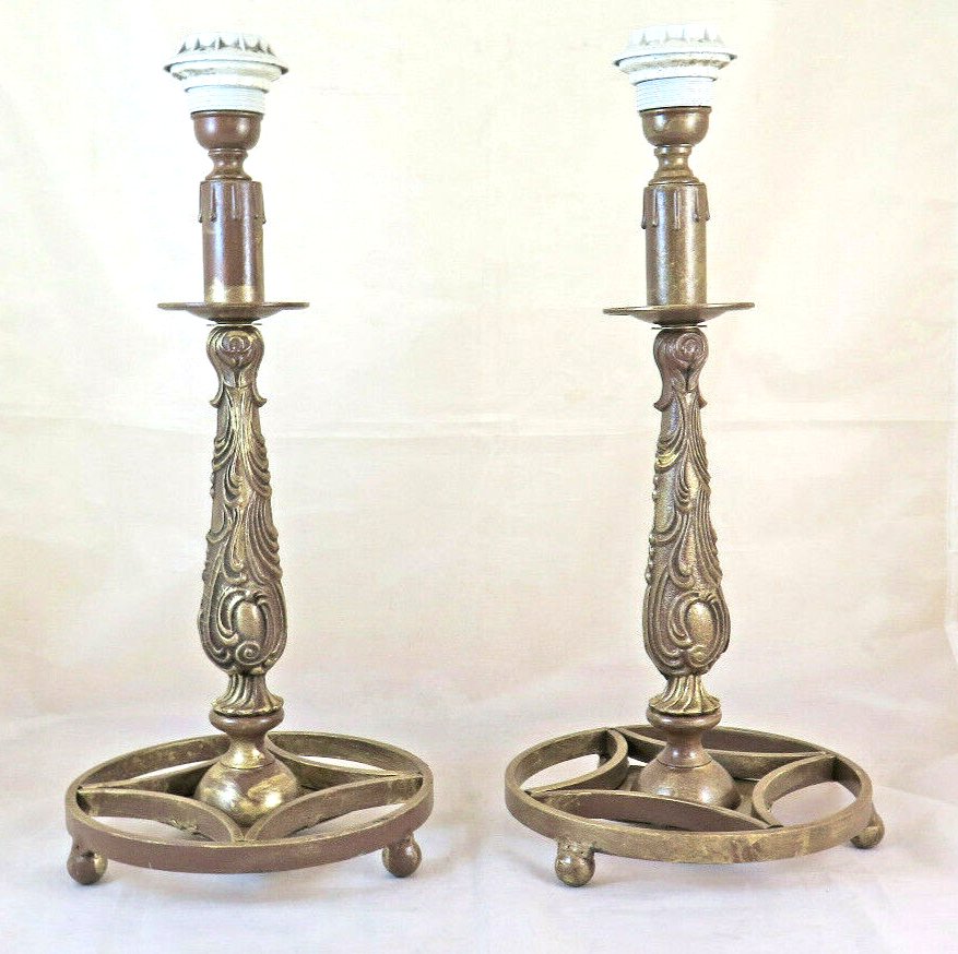 Pair Of Lamps Table Wrought Iron & Bronze Handmade Vintage CH35