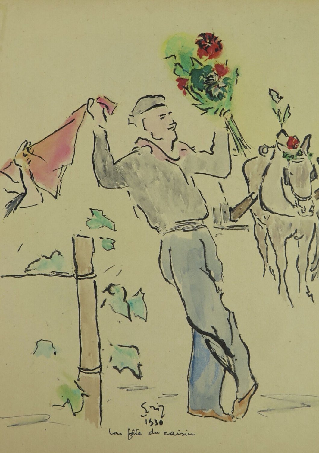 F&Atilde;&ordf;te Du Raisin Frejus Provence France Old Drawing Portrait Signed BM53.6D