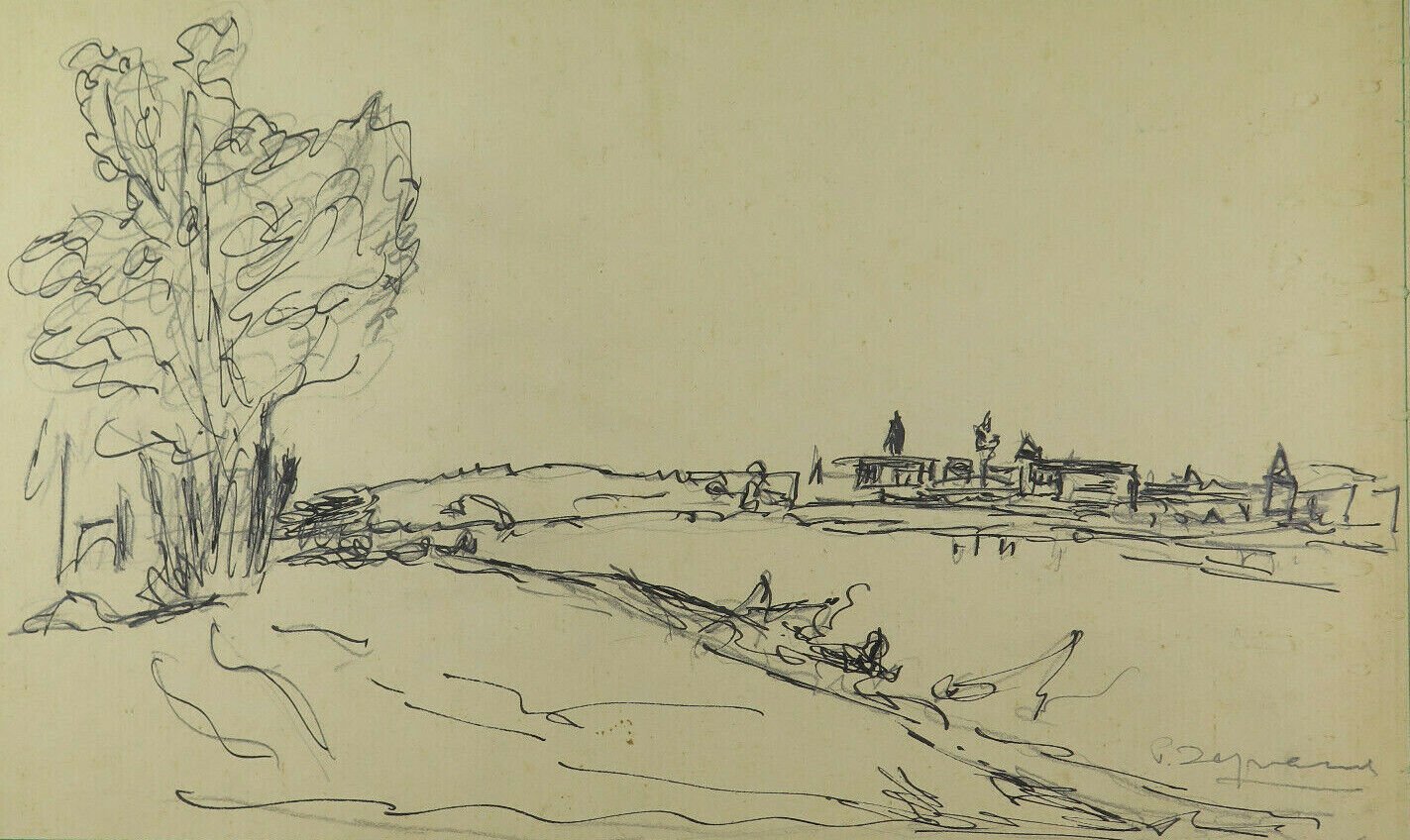 Drawing Antique Signed Sketch For landscape View Country BM53.6B