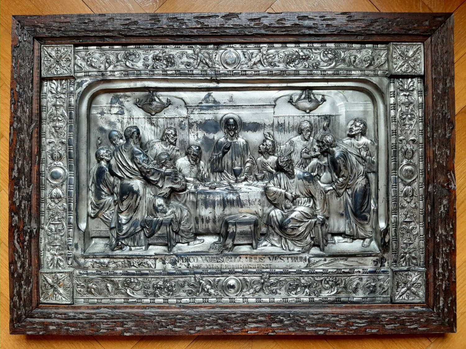 Antique Bas-Relief IN Metal Last Dinner Spain Nineteenth Century Art Mantis Csc