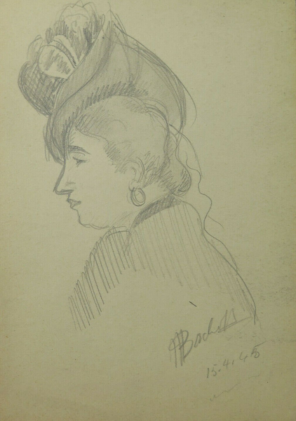 Portrait Feminine Signed Bischoff Dated 1954 Old Drawing Sketching BM53.6C