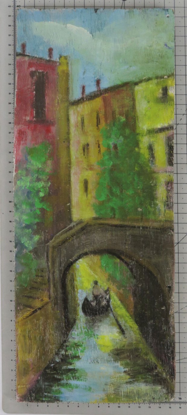 5 7/8x15 11/16in Small Painting oil Board Venice Ch View Gondola Vintage X13