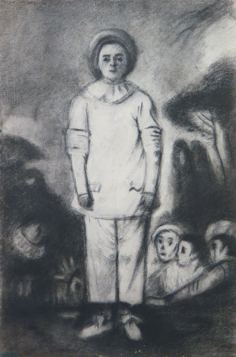 Large Drawing Antique Inspired Watteau Pierrot Duteurtre Dut BM53.0.0353oz